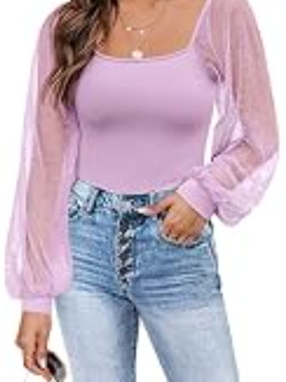Oris Lilac Square-Neck Sheer Puff Sleeve Top